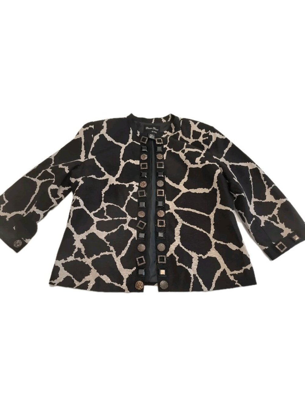Classic Trenz Jacket Women XL Black Silk Blend Giraffe Print Embellished Trim